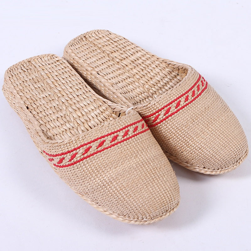 Hand-woven cattail and cotton-linen blend slippers designed in Baotou