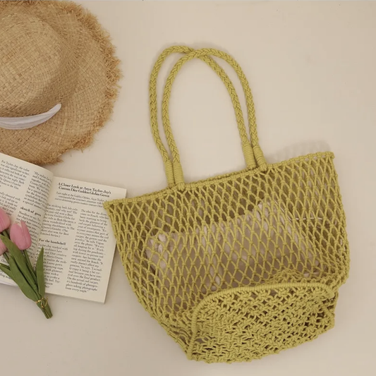 Hand-crocheted mesh tote bag, multi-colored shoulder bag
