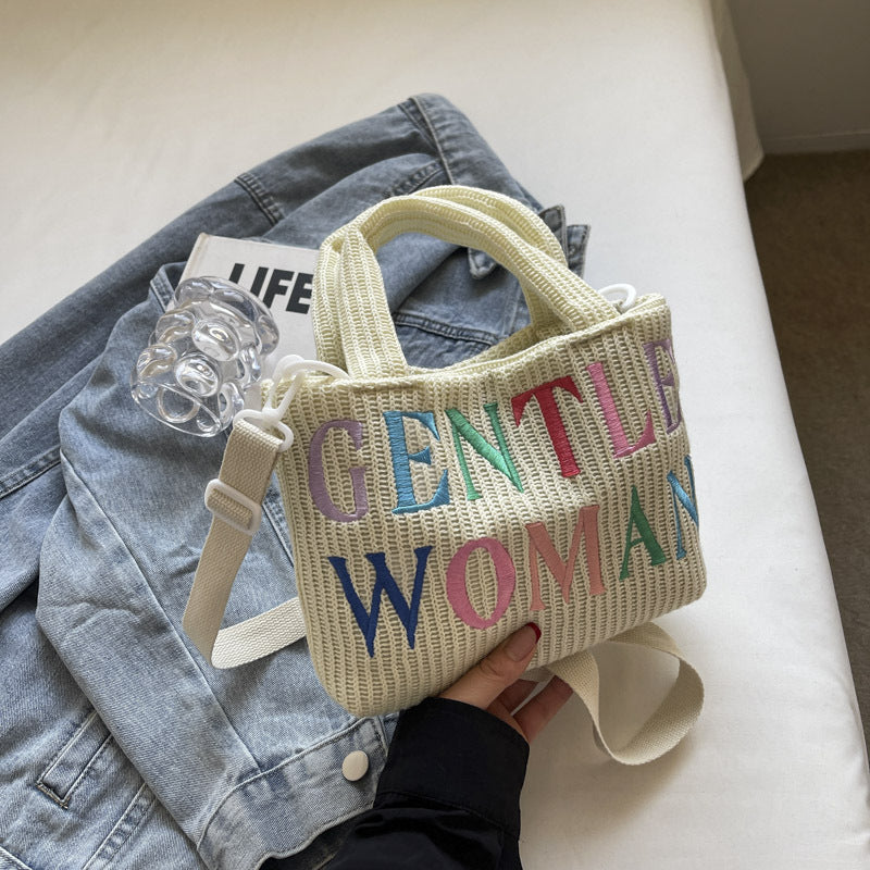 New color-blocked letter embroidered knitted wool bag, casual tote