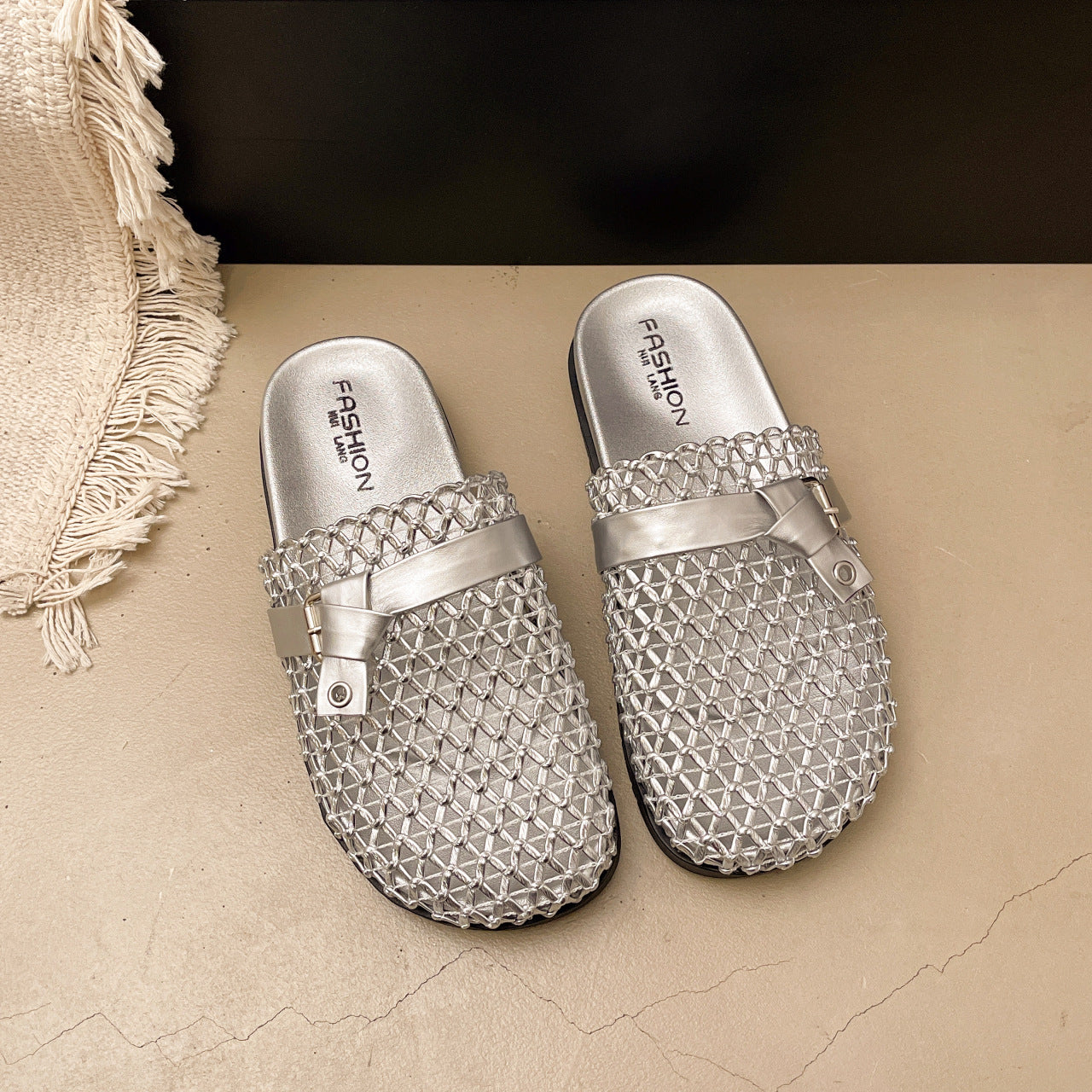 Women's openwork hand-woven slip-on slippers