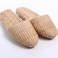 Hand-woven cattail and cotton-linen blend slippers designed in Baotou