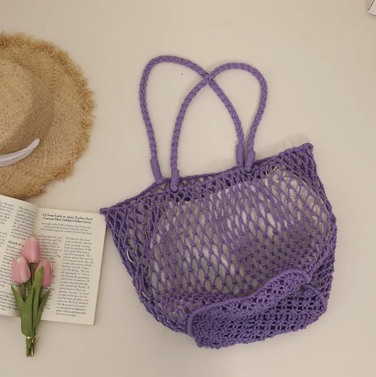 Hand-crocheted mesh tote bag, multi-colored shoulder bag