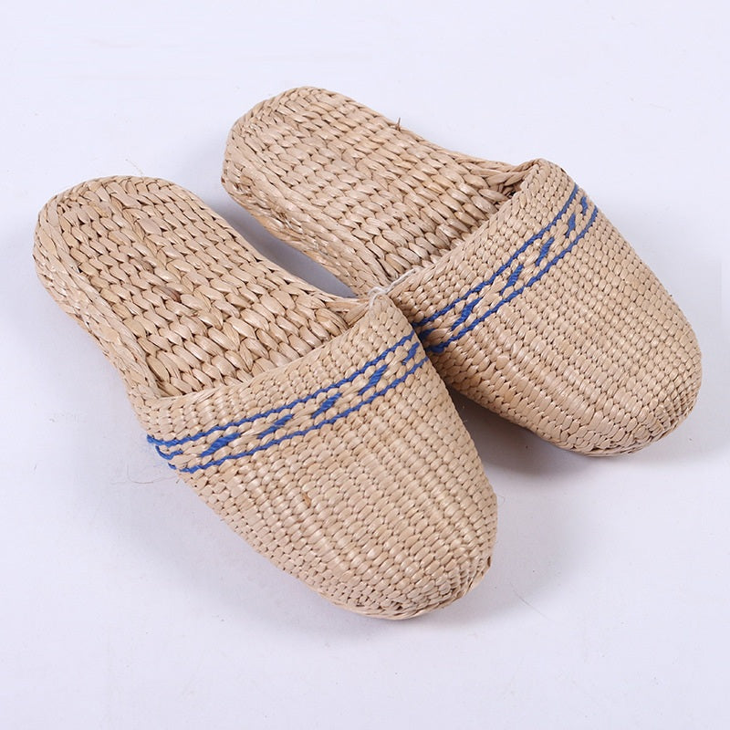 Hand-woven cattail and cotton-linen blend slippers designed in Baotou