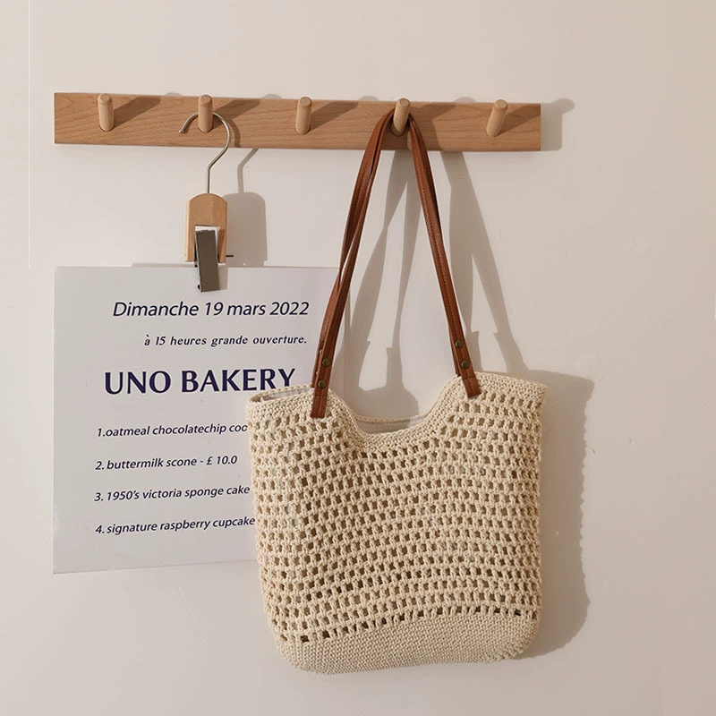 Niche high-end handmade knitted mesh tote bag, large capacity beach bag