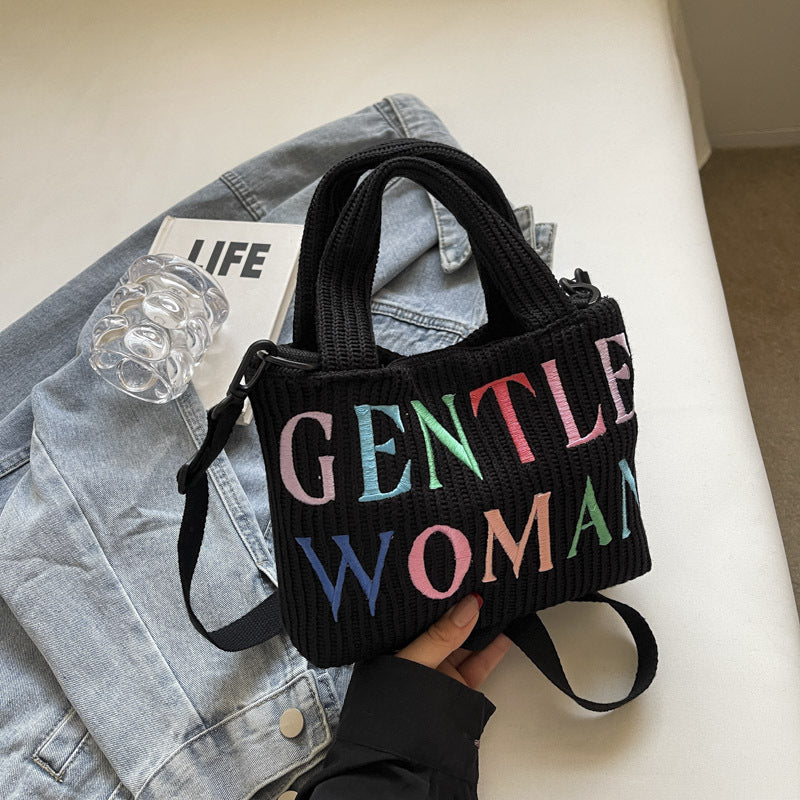 New color-blocked letter embroidered knitted wool bag, casual tote