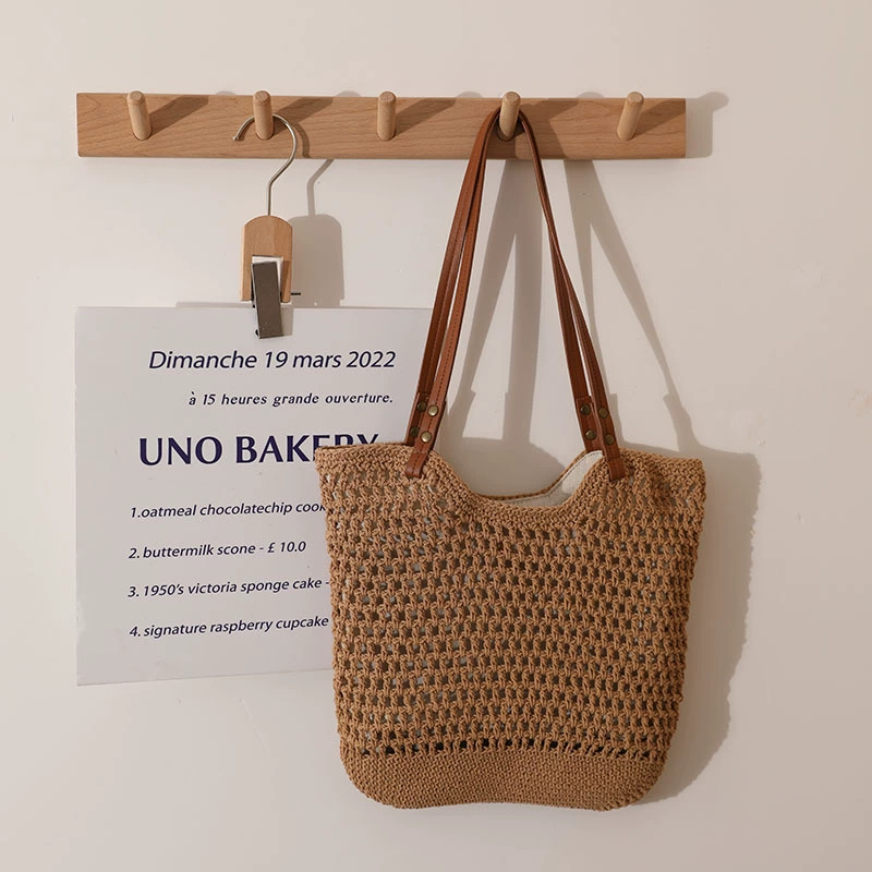 Niche high-end handmade knitted mesh tote bag, large capacity beach bag