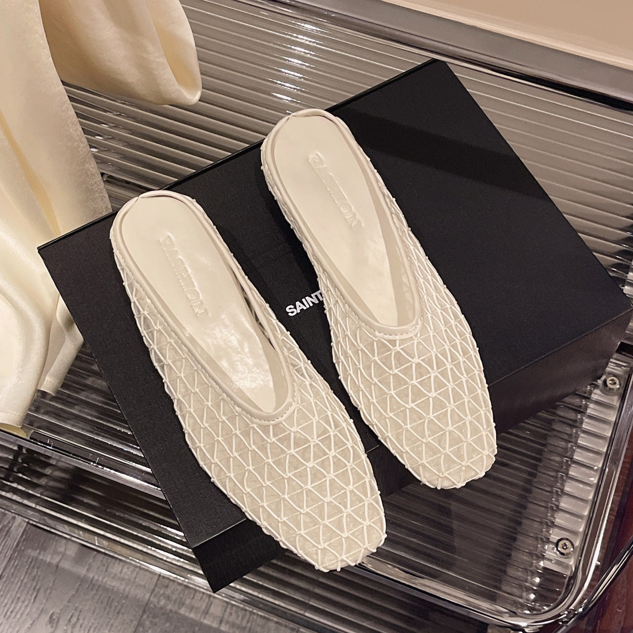 Women's niche handmade woven fishnet closed-toe sandals