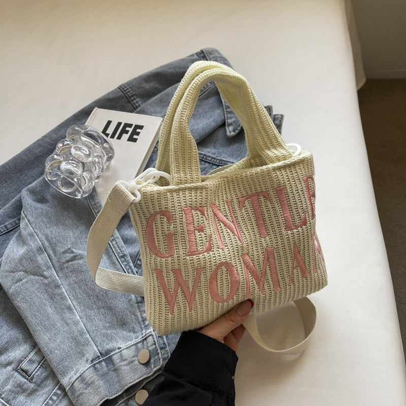 New color-blocked letter embroidered knitted wool bag, casual tote