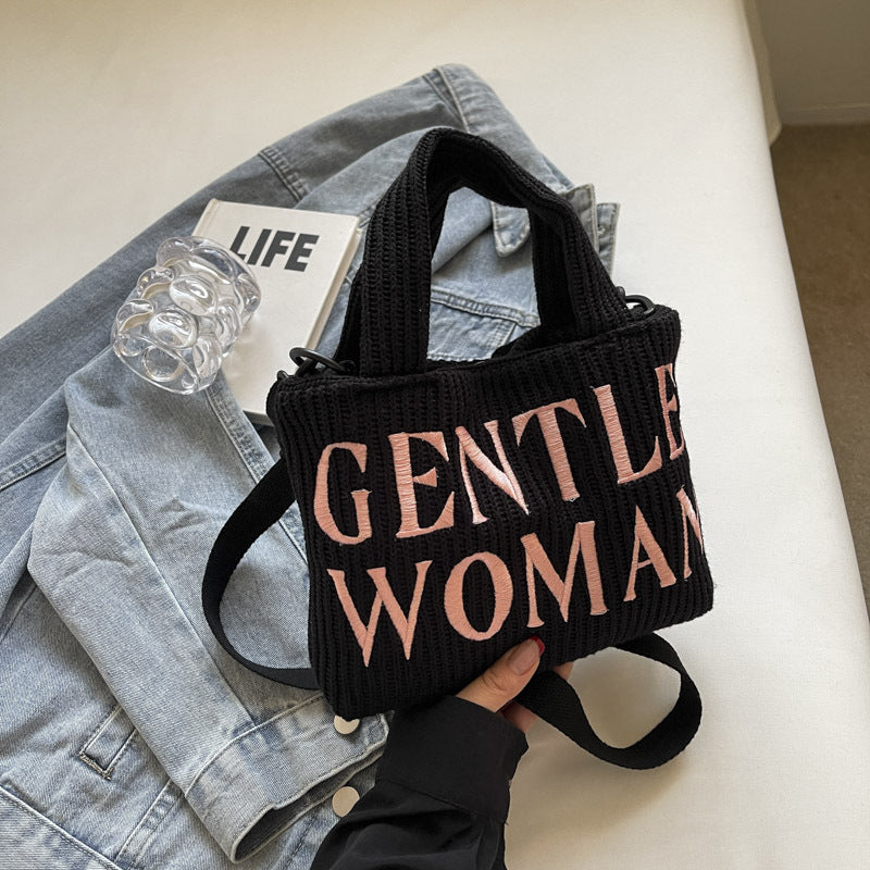 New color-blocked letter embroidered knitted wool bag, casual tote