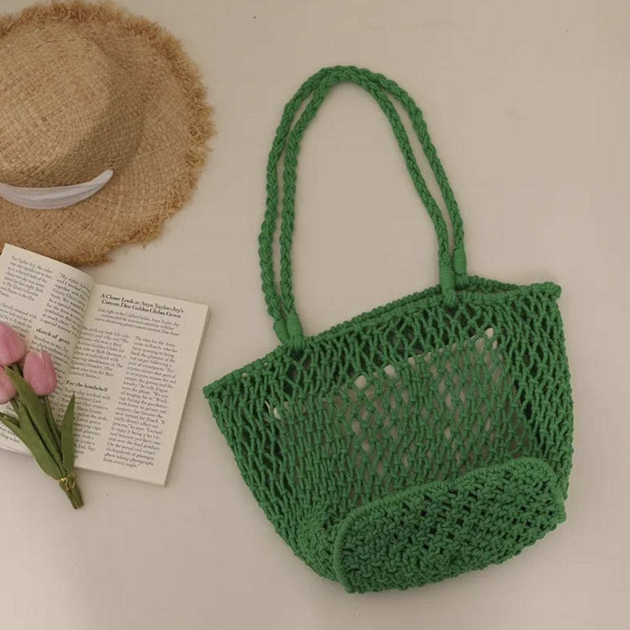 Hand-crocheted mesh tote bag, multi-colored shoulder bag